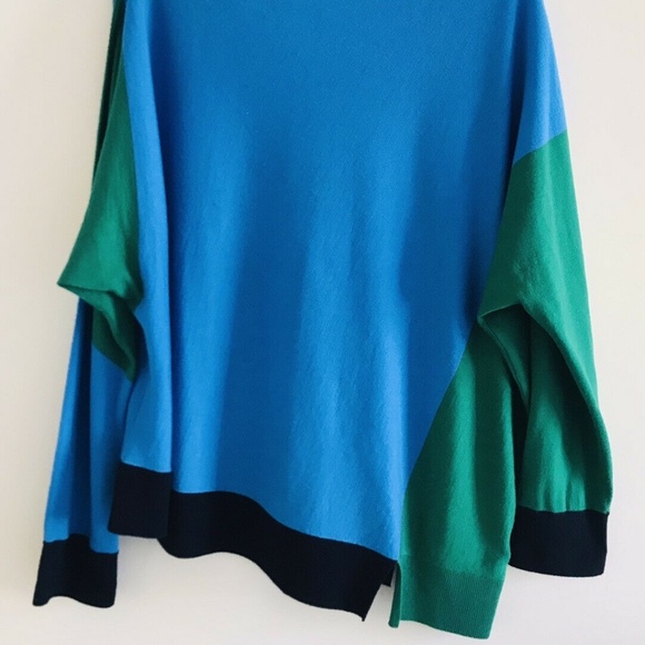 St John | Colorblock Wool Top Womens Lg Blue Long Sleeve Pullover Asymmetrical - Picture 5 of 12
